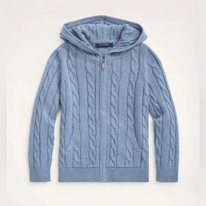 Brooks Brothers Light Blue Cable-Knit Hooded Zip-Up Sweater Large